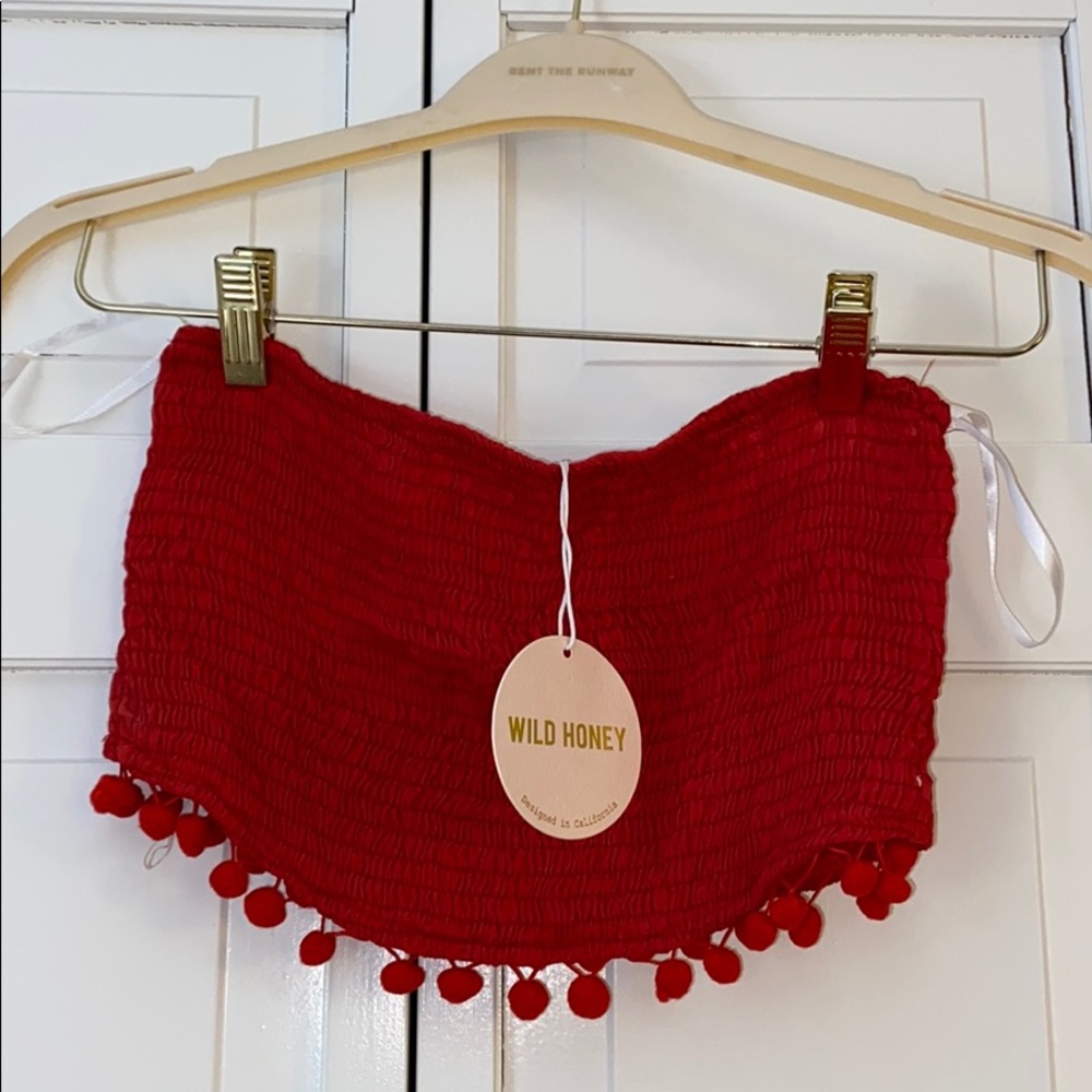 Red wild honey crop top with Pom poms